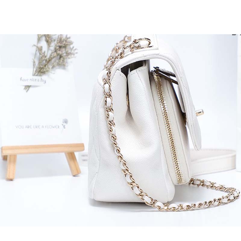 Chanel Women Flap Bag with Top Handle in Grained Calfskin Leather-White