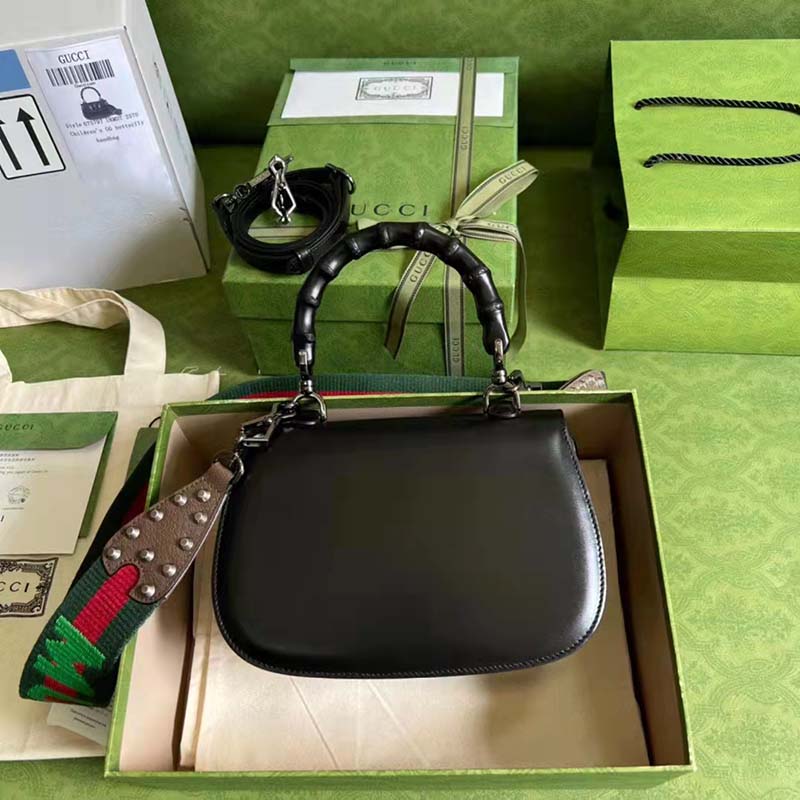 Gucci GG Women Small Top Handle Bag with Bamboo Black Leather