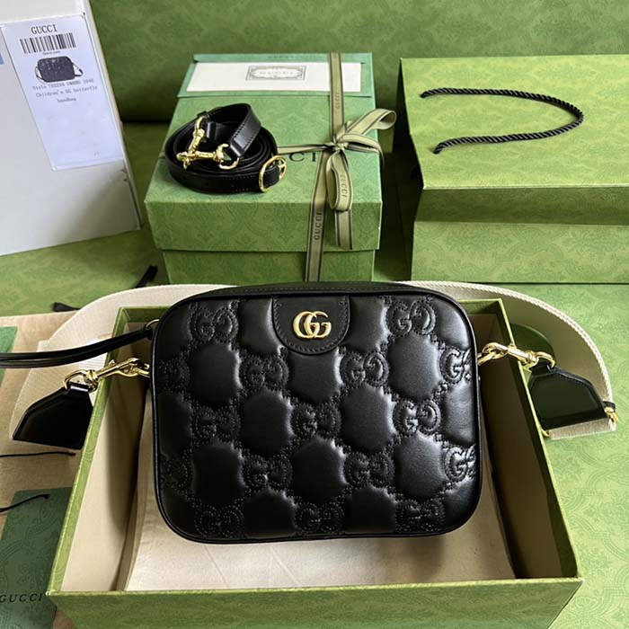 Gucci Women GG Matelassé Leather Small Bag Black Double G Zip Closure