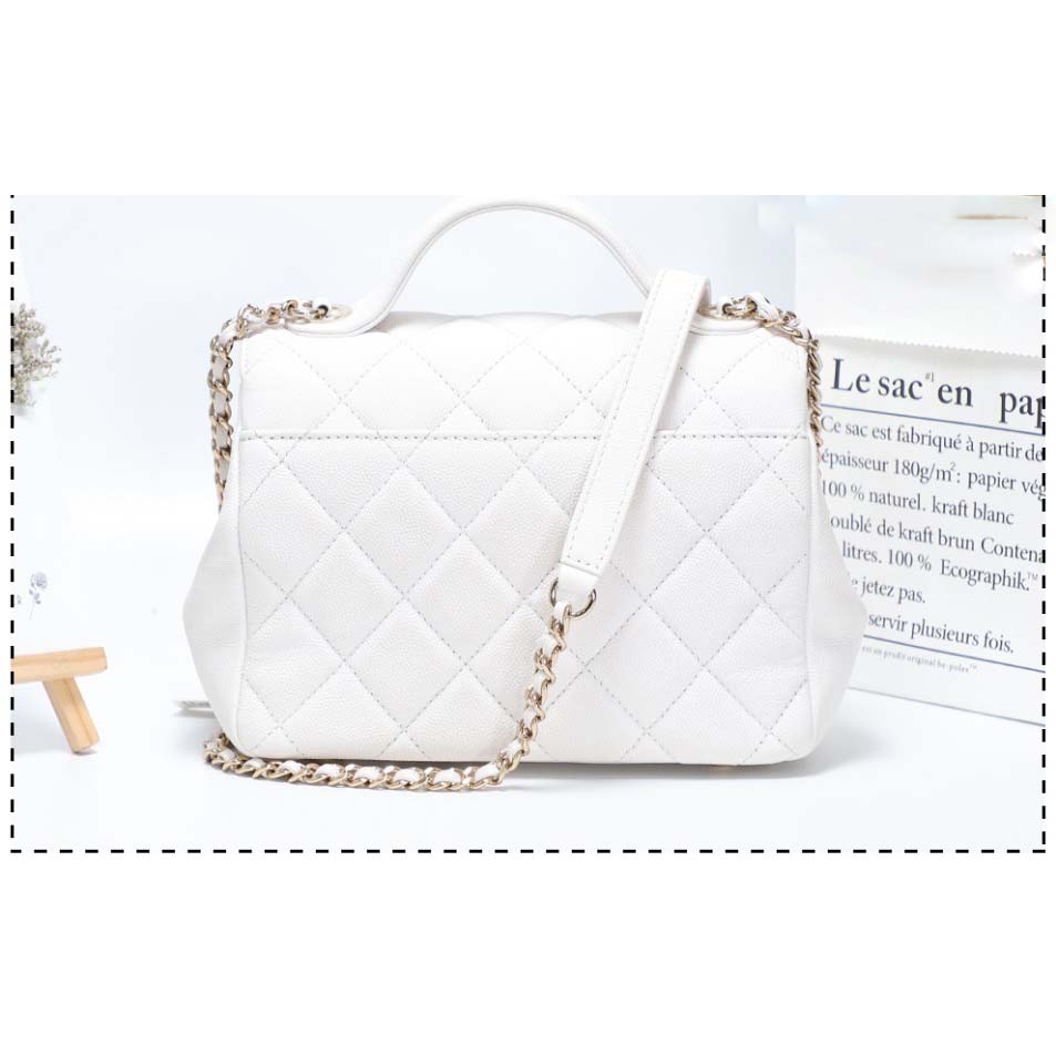 Chanel Women Flap Bag with Top Handle in Grained Calfskin Leather-White