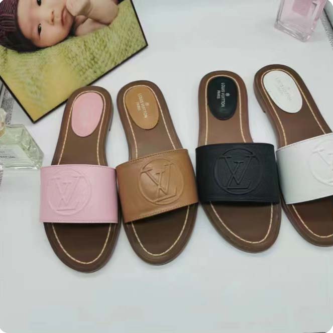 Louis Vuitton LV Women Lock It Flat Mule Cognac Brown Grained Calf Leather