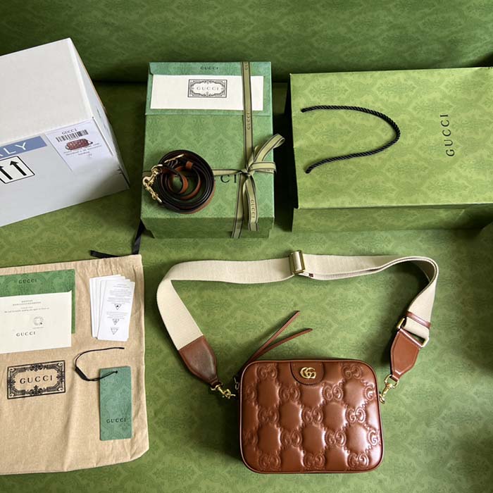 Gucci Women GG Matelassé Leather Small Bag Light Brown Double G Zip Closure