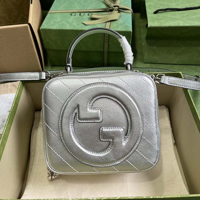 Gucci Women GG Blondie Top Handle Bag Metallic Silver Leather Round Interlocking G