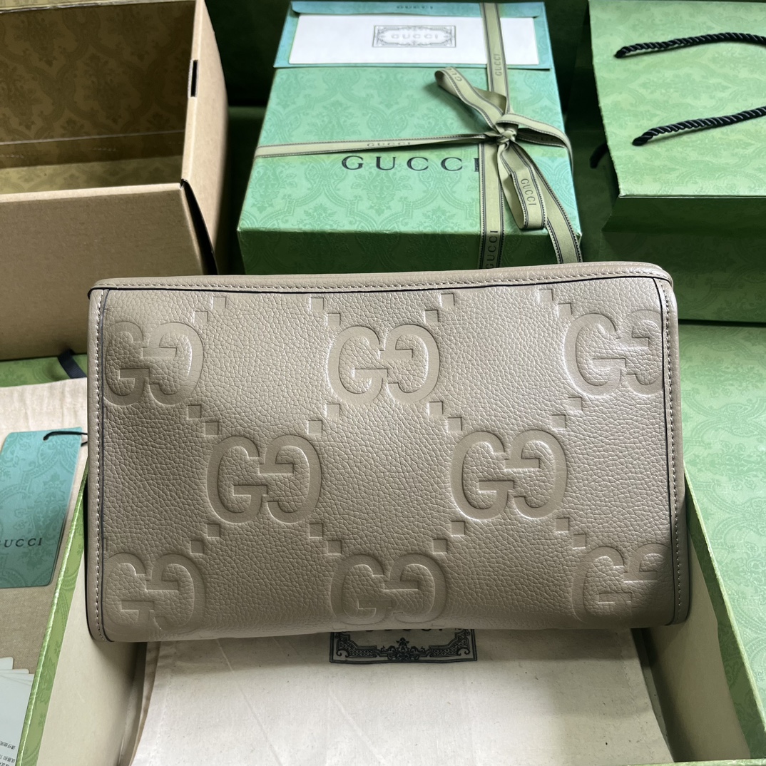 Gucci Unisex Jumbo GG Pouch Taupe Jumbo GG Leather Moiré Lining