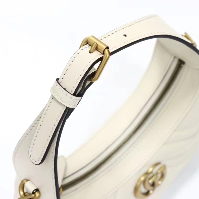 Gucci Women GG Marmont Half-Moon-Shaped Mini Bag White Matelassé Chevron