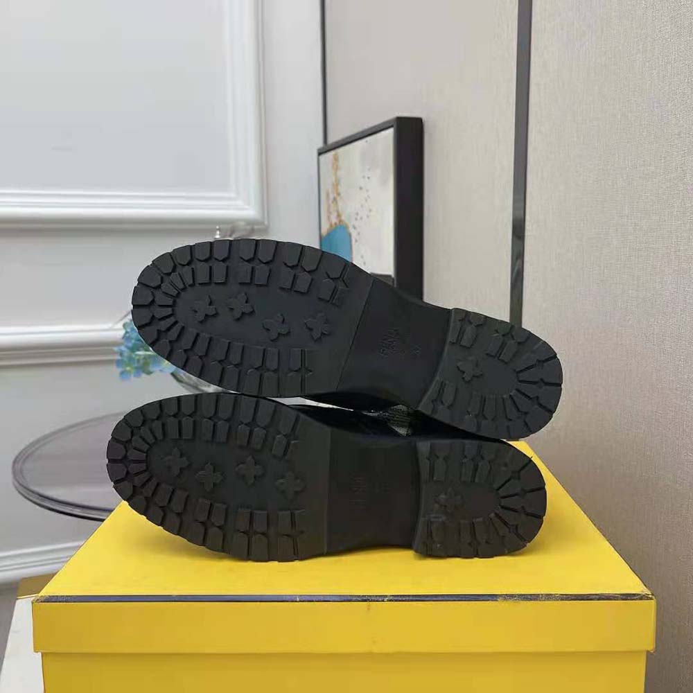 Fendi Women Rockoko Black Leather Biker Boots with Stretch Fabric