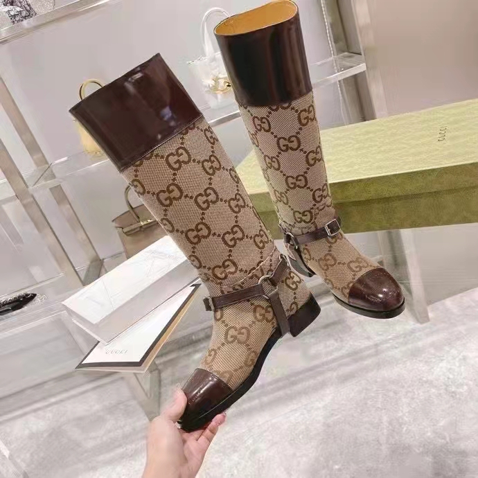Gucci Women Knee-High Boot Harness Beige Ebony Maxi GG Canvas Interlocking G