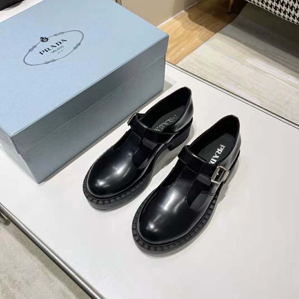Prada Women Brushed-Leather Mary Jane T-strap Shoes-Black