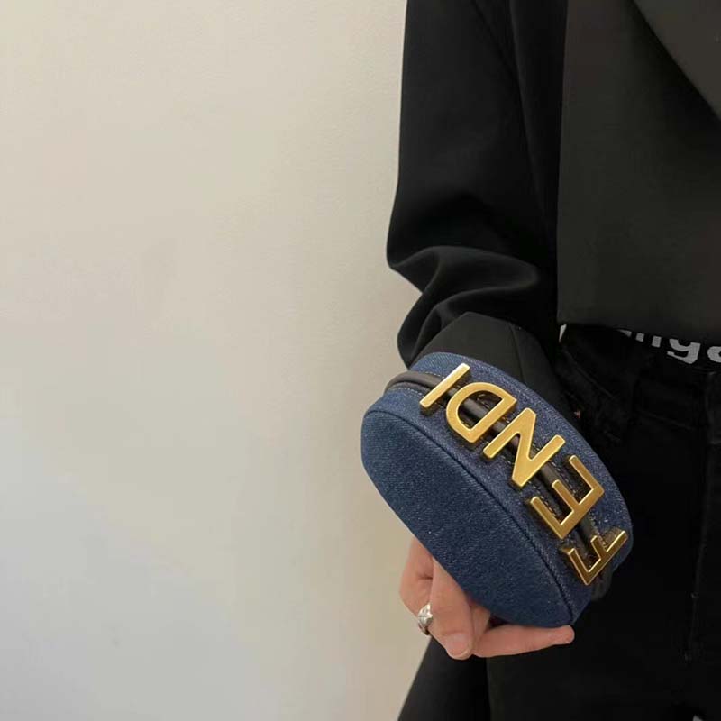 Fendi Women FF Nano Fendigraphy Hobo Bag Blue Denim Charm