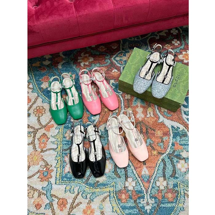 Gucci Women GG Double G Ballet Flat Black Glitter Leather Square Toe 1.5 CM Heel