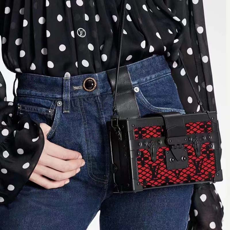 Louis Vuitton LV Women Petite Malle Handbag Black Patent Calfskin Cowhide Leather