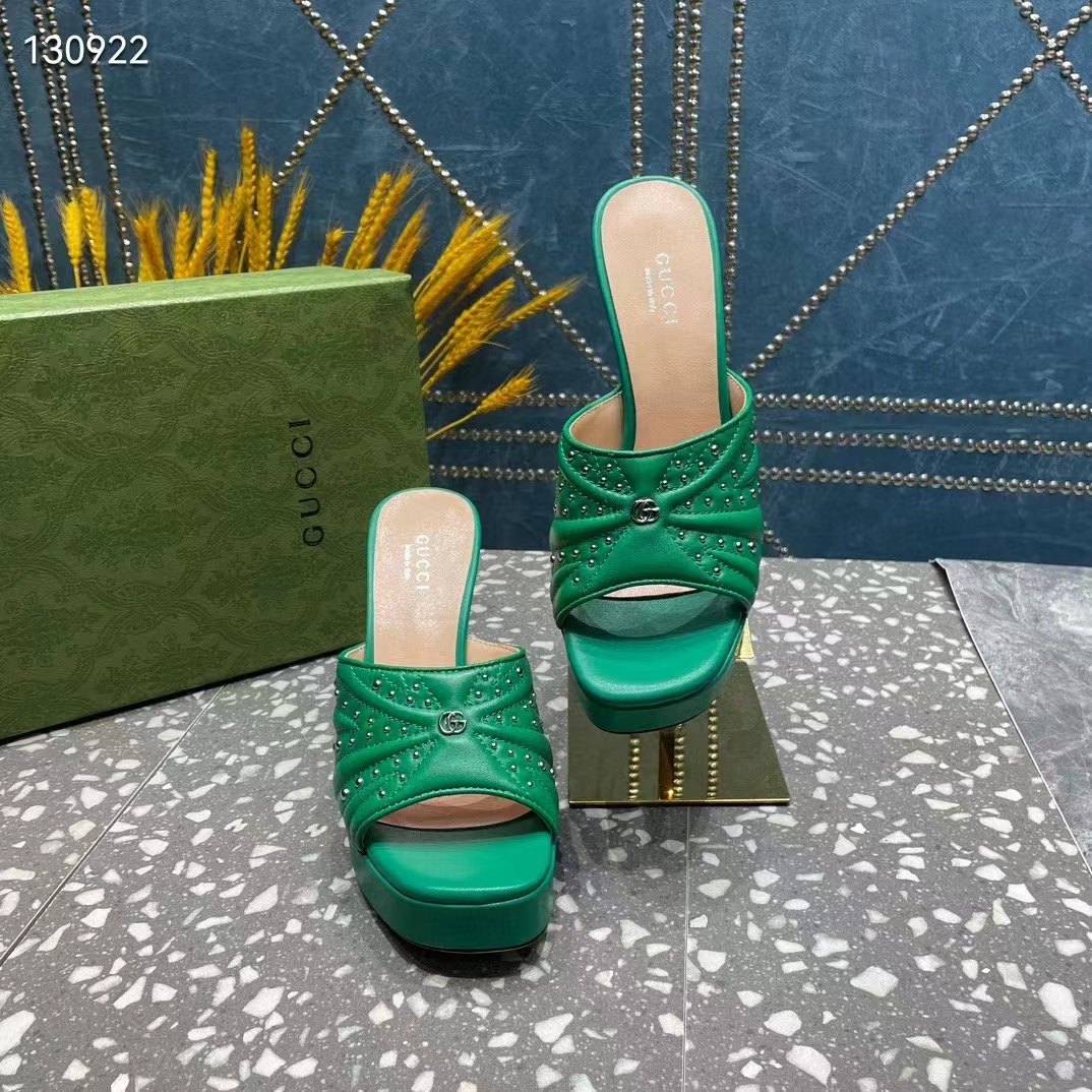 Gucci Women Heeled Slide Sandals Green Leather Studs Spool High 15 Cm Heel