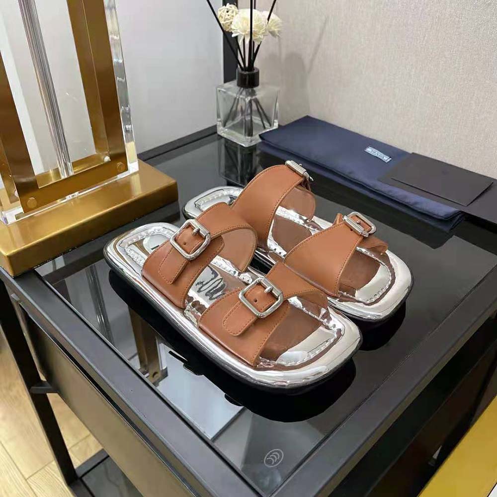 Prada Women Leather Sandals With Metal Buckle on the Upper-Brown