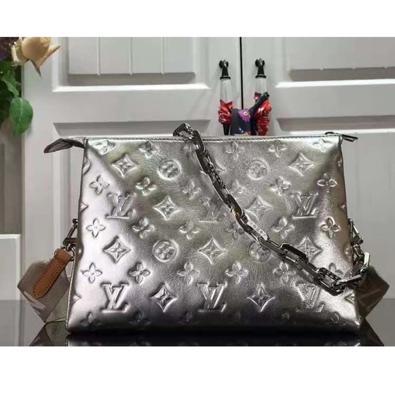 Louis Vuitton LV Women Coussin BB Handbag Silver Monogram Embossed Puffy Lambskin
