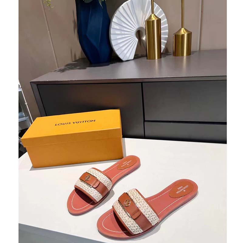 Louis Vuitton LV Women Lock It Flat Mule Cognac Brown Raffia Calf Leather