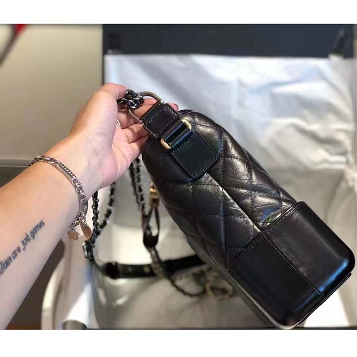 Chanel CC Gabrielle Hobo Medium Bag Black Goatskin Gold Silver-Tone Metal