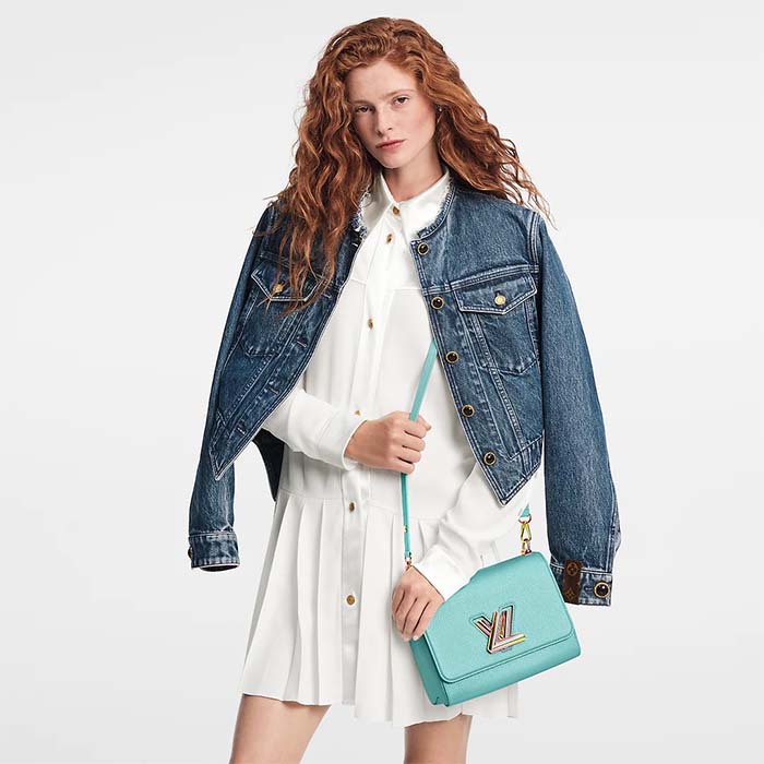 Louis Vuitton LV Women Twist MM Handbag Blue Grained Calfskin Leather