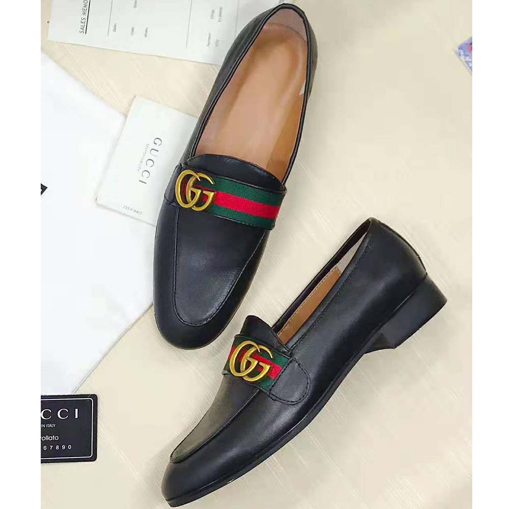 Gucci Men Leather Loafer with GG Web Shoes-Black