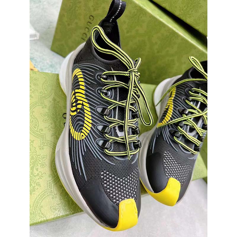 Gucci Unisex GG Run Sneaker Black Lime Technical Knit Fabric Rubber Interlocking G