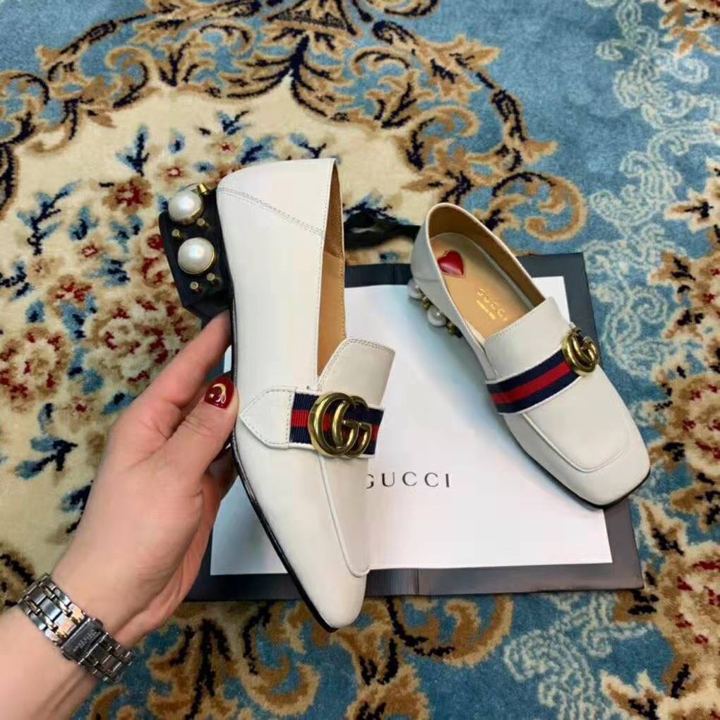 Gucci Women Leather Mid-Heel Loafer 1.5″ Heel-White