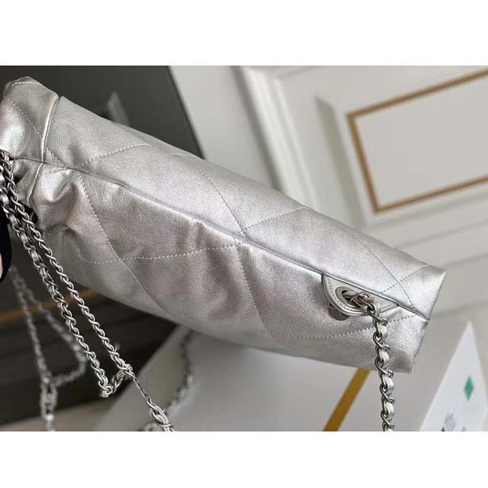 Chanel Women CC Large Back Pack Chanel 22 Handbag Metallic Calfskin Silver-Tone Metal