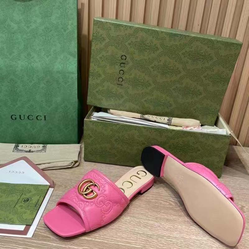Gucci Women GG Matelassé Slide Sandal Bright Pink Double G Square Toe Flat
