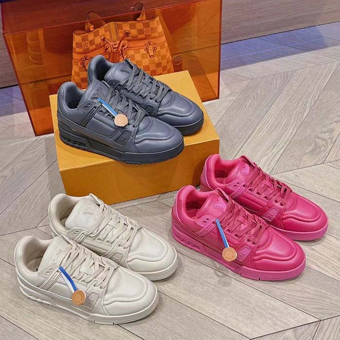 Louis Vuitton Unisex LV Trainer Sneaker Fuchsia Calf Leather Rubber Outsole Monogram Flower