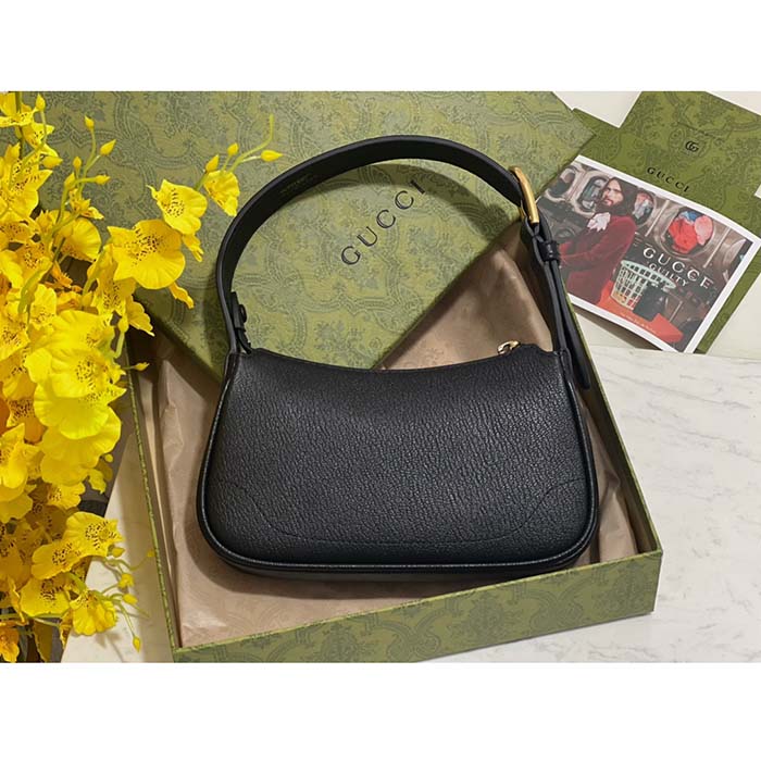 Gucci Women GG Aphrodite Shoulder Bag Double G Black Leather Zip Closure