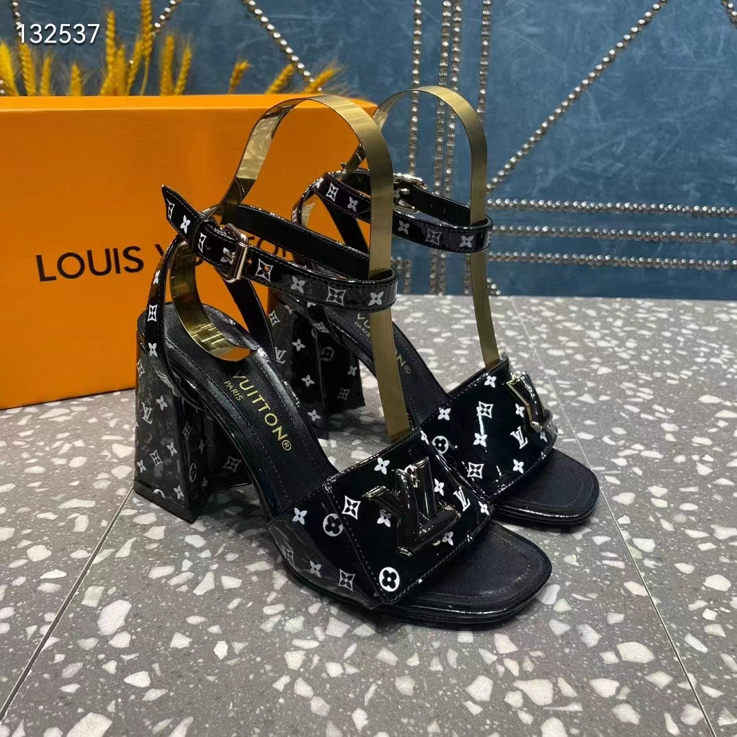 Louis Vuitton Women LV Shake Sandal Black White Printed Patent Calf Leather 9.5 CM Heel