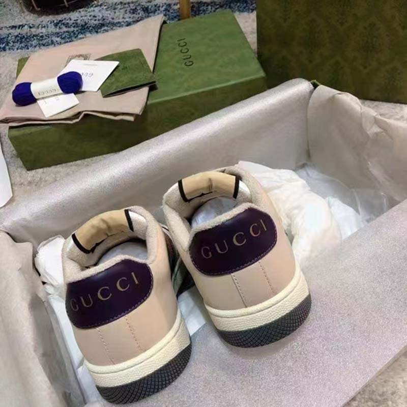 Gucci Unisex GG Screener Sneaker Beige Navy Leather Canvas Low 4 cm Heel