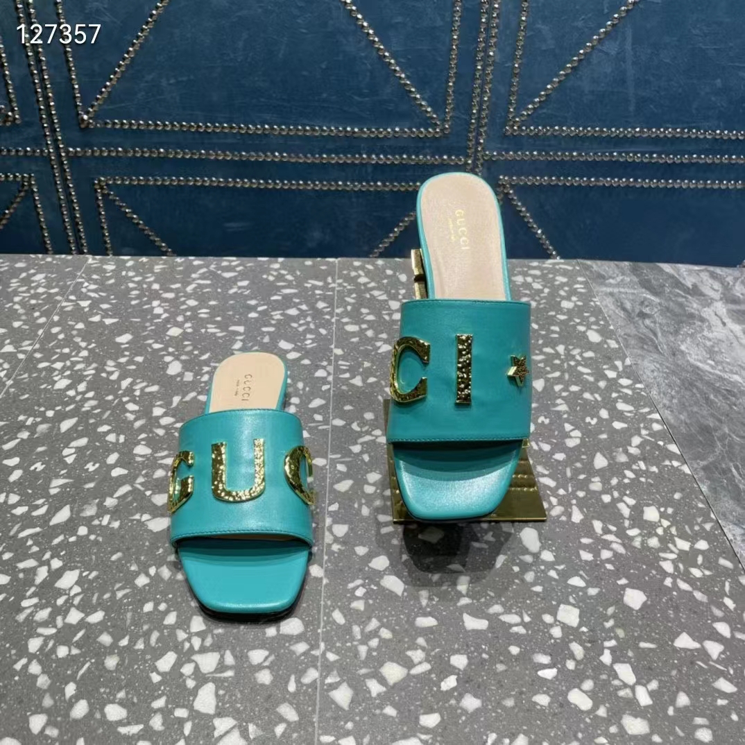 Gucci Women GG Slide Sandal Turquoise Leather Textured Logo Star Flat 1 Cm Heel
