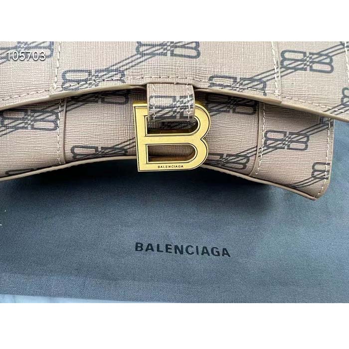 Balenciaga Women Hourglass XS Handbag Beige Brown BB Monogram Coated Canvas