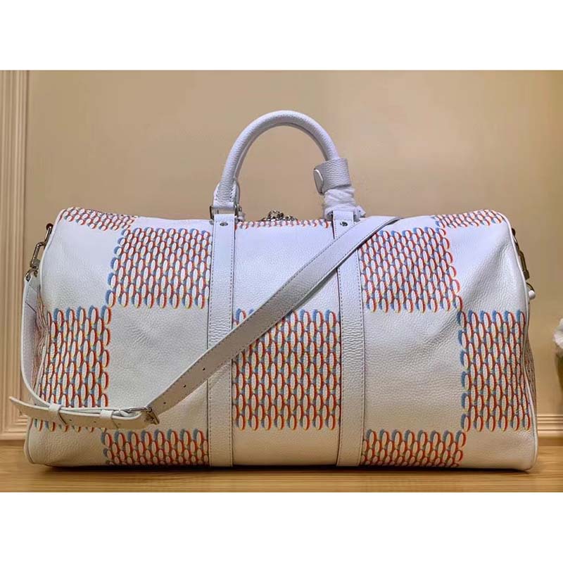 Louis Vuitton LV Unisex Keepall 50B White Damier Spray Cowhide Leather Textile Lining