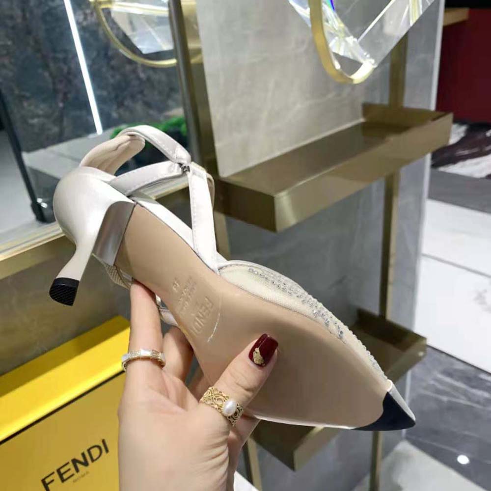 Fendi Women Colibri Pink Mesh High-Heeled Slingbacks with Rhinestone Embroidery