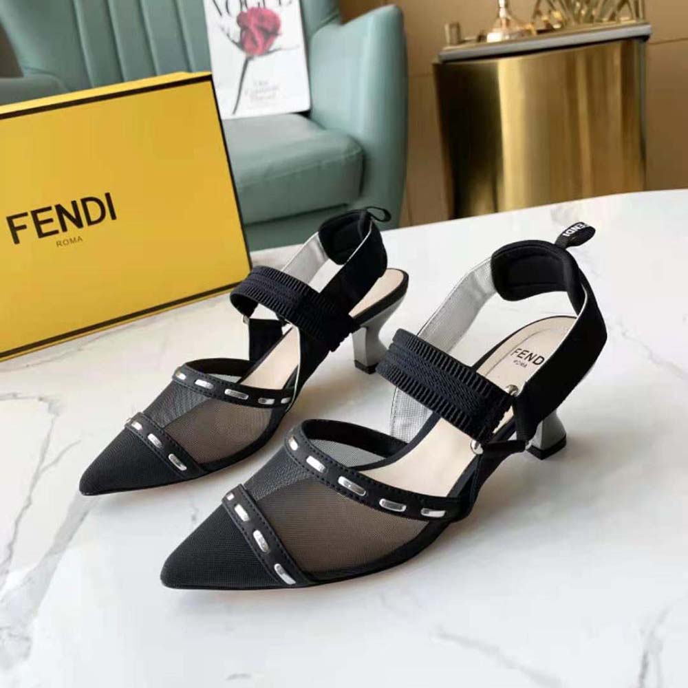 Fendi Women Colibri Black Mesh Medium-Heel Slingbacks with Metal Stitches