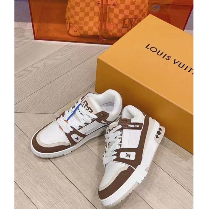 Louis Vuitton Unisex LV Trainer Sneaker Moka Brown Nubuck Grained Calf Leather Rubber Initials