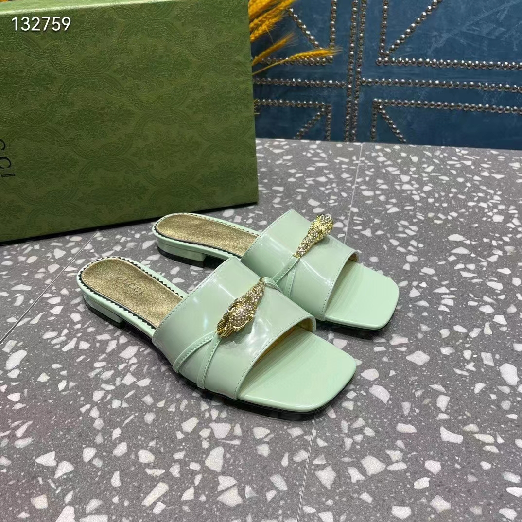 Gucci Women GG Slide Sandal Tiger Head Light Green Leather Flat