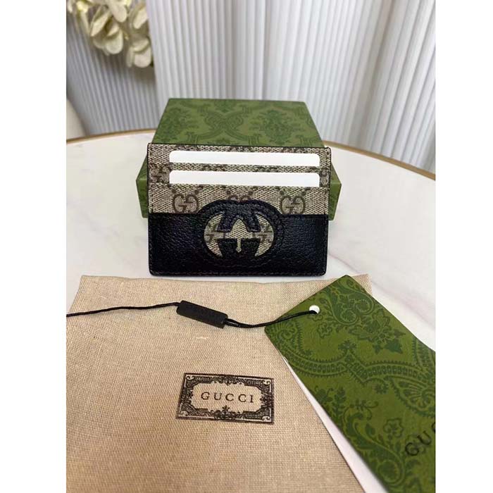 Gucci Unisex Card Case Cut-Out Interlocking G Beige Ebony GG Supreme Canvas