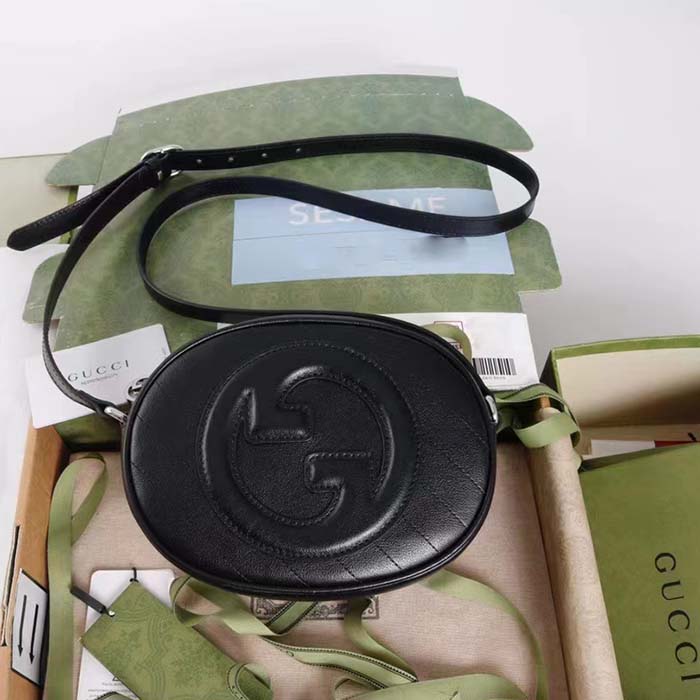 Gucci Women GG Blondie Mini Shoulder Bag Black Leather Round Interlocking G Patch