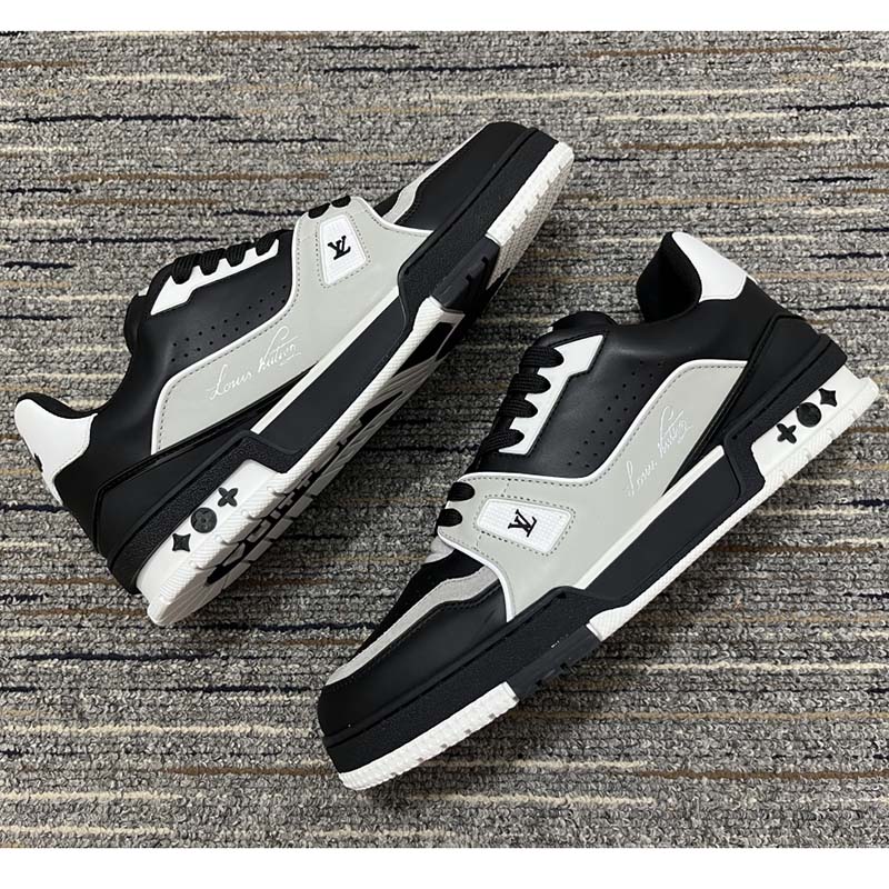 Louis Vuitton Men LV Trainer Sneaker Black Mix Materials Rubber Outsole 54 Monogram Flowers