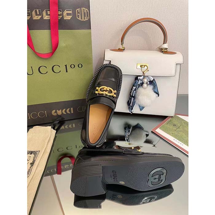 Gucci Unisex GG Loafer Interlocking G Shiny Black Leather Studs Rubber Low Heel