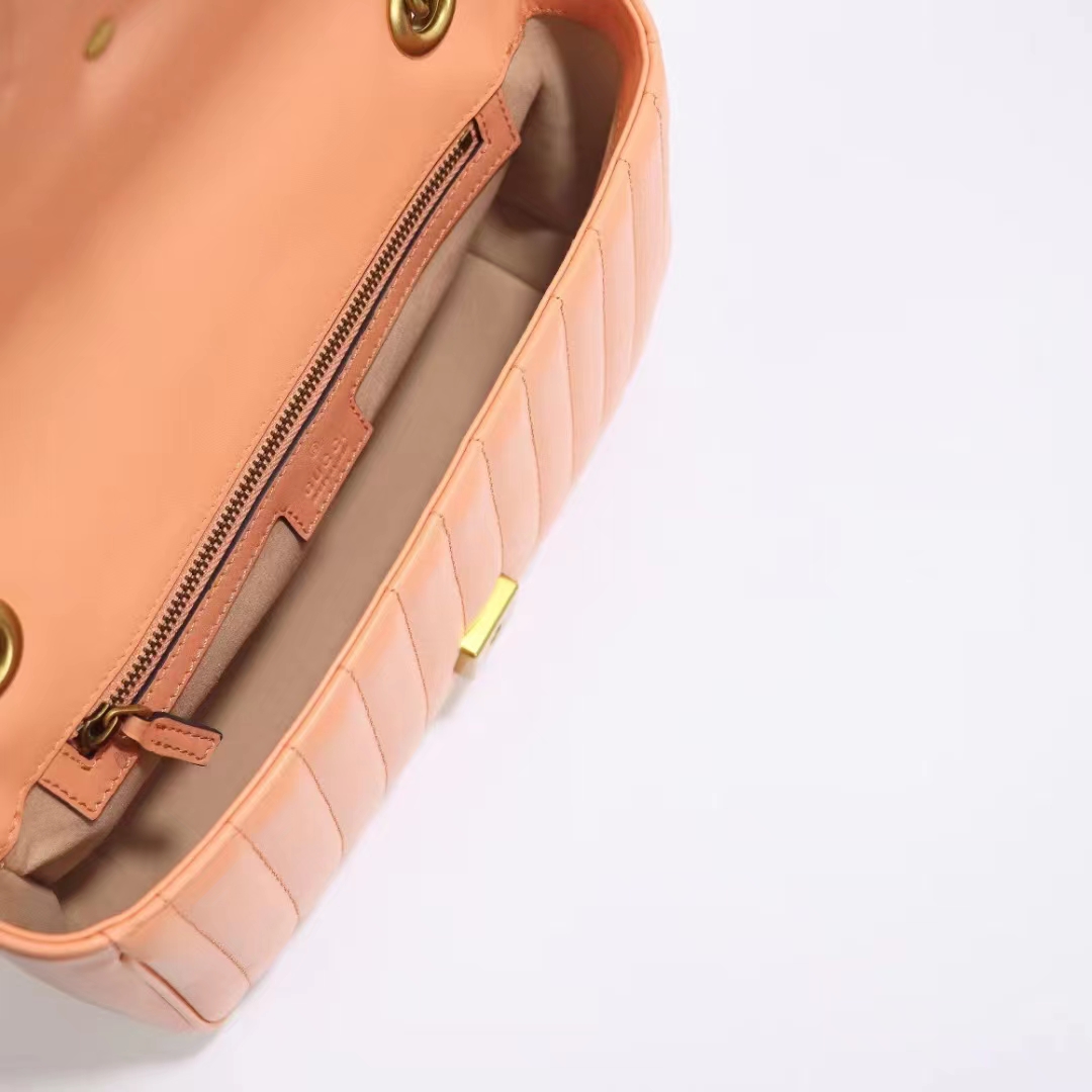 Gucci Women GG Marmont Small Shoulder Bag Peach Matelassé Round Vertical Matelassé Leather