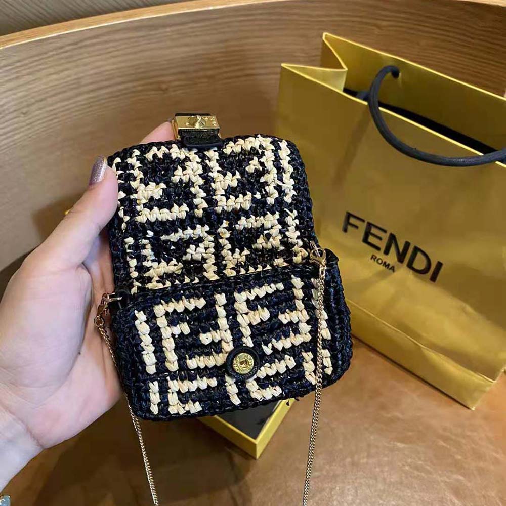 Fendi Women Nano Baguette Charm Black Raffia Charm