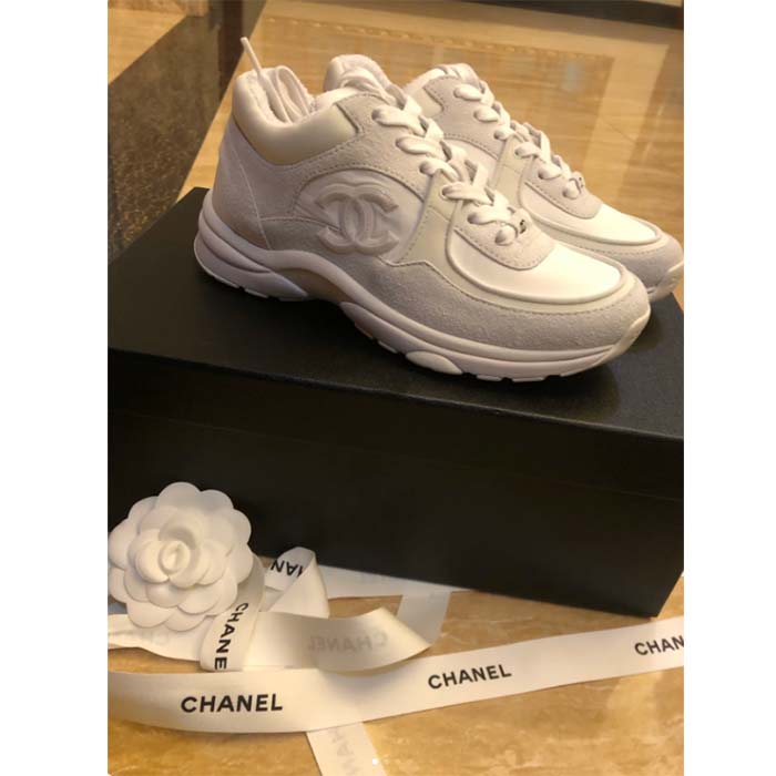 Chanel Women CC Low Top Sneakers Calfskin Suede Leather Triple White