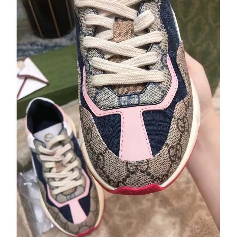 Gucci Women GG Rhyton Sneaker Beige Ebony Blue Supreme Canvas Low 4 cm Heel