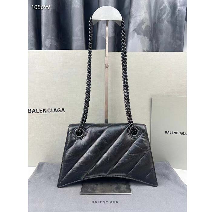 Balenciaga Women Crush Small Chain Bag Quilted Black Crushed Calfskin Black Matte Hardware