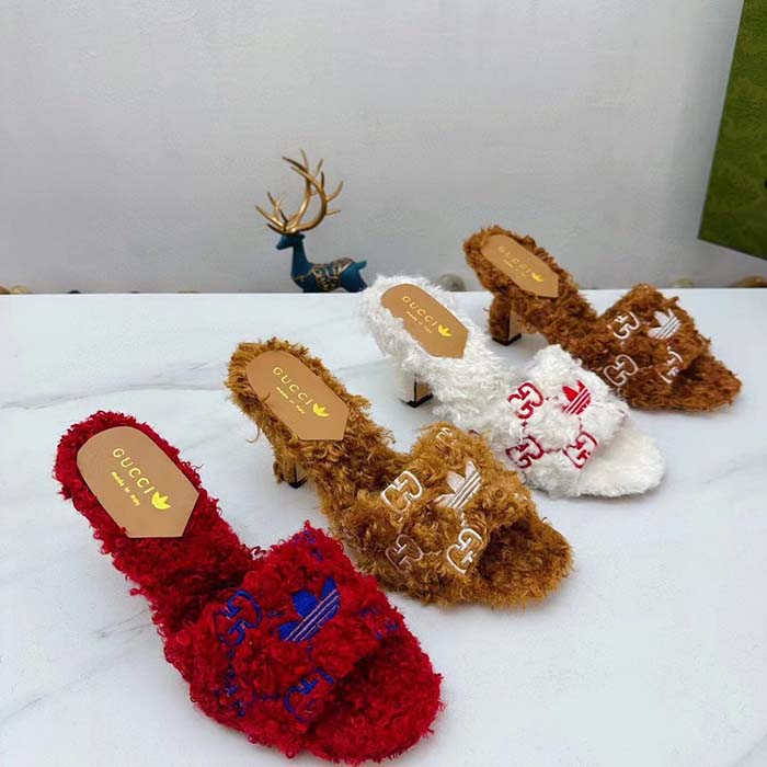 Gucci Women Adidas x Gucci Slide Sandal Red GG Trefoil Shearling-Effect Fabric