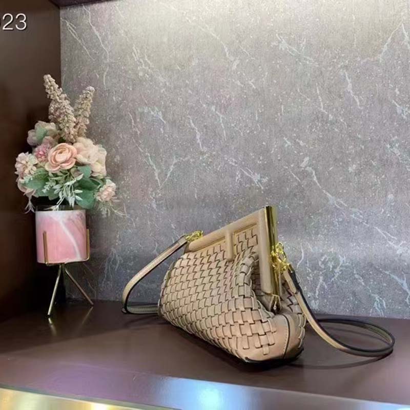 Fendi Women FF First Small Bag Beige Braided Leather Bag