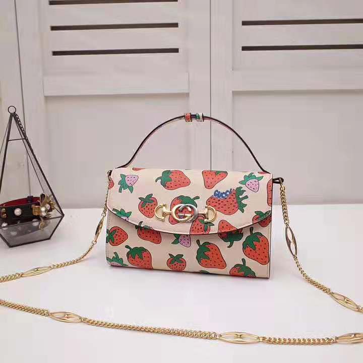 Gucci GG Women Gucci Zumi Strawberry Print Mini Bag in Gucci Strawberry Print Ivory Leather