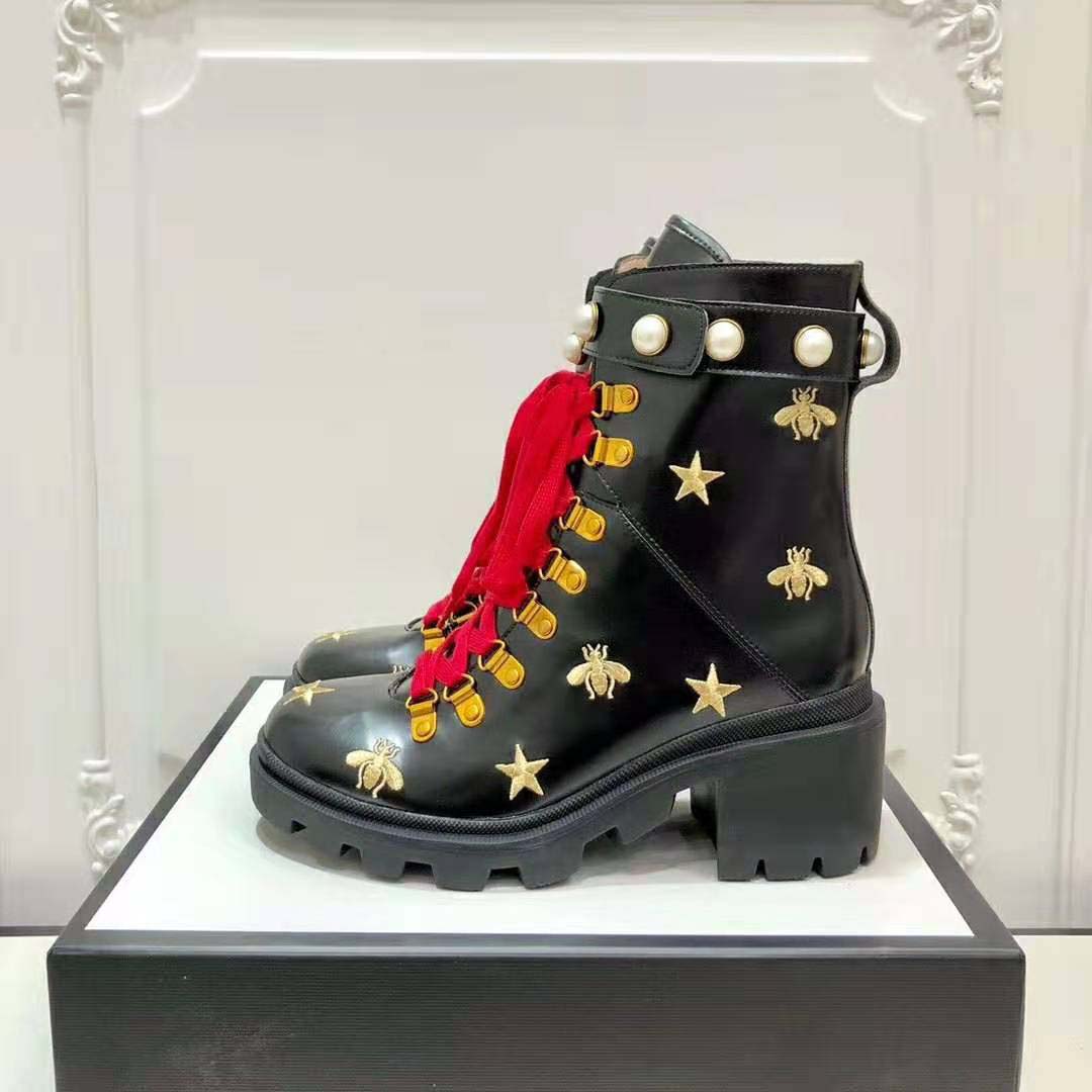 Gucci Women Gucci Leather Embroidered Ankle Boot in Black Leather 8.9 cm-Red